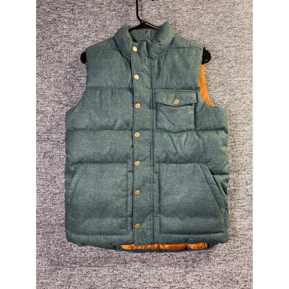 Old Navy XL 14-16 Green Herringbone Puffer Vest Orange Lining Zip Snap Front